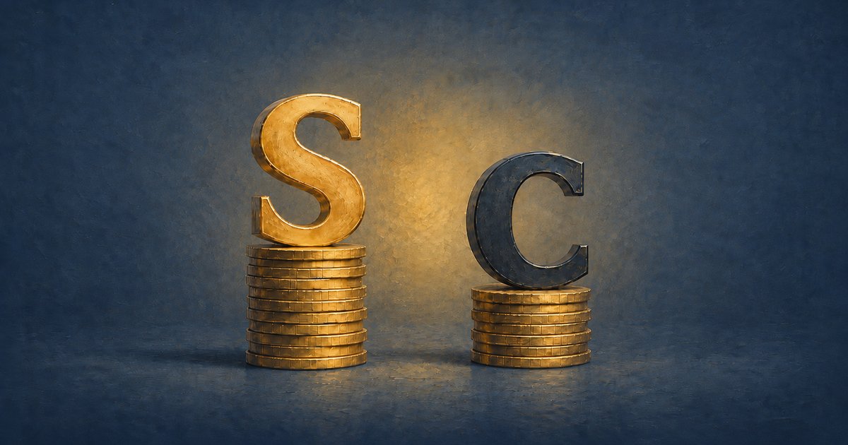 A gold letter S on a tall coin stack beside a dark letter C on a shorter stack