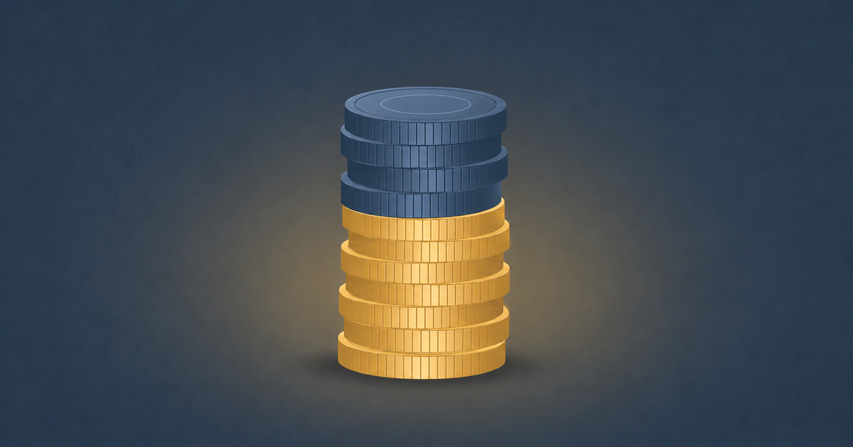 A stack of gold and navy coins illustrating majority and minority ownership